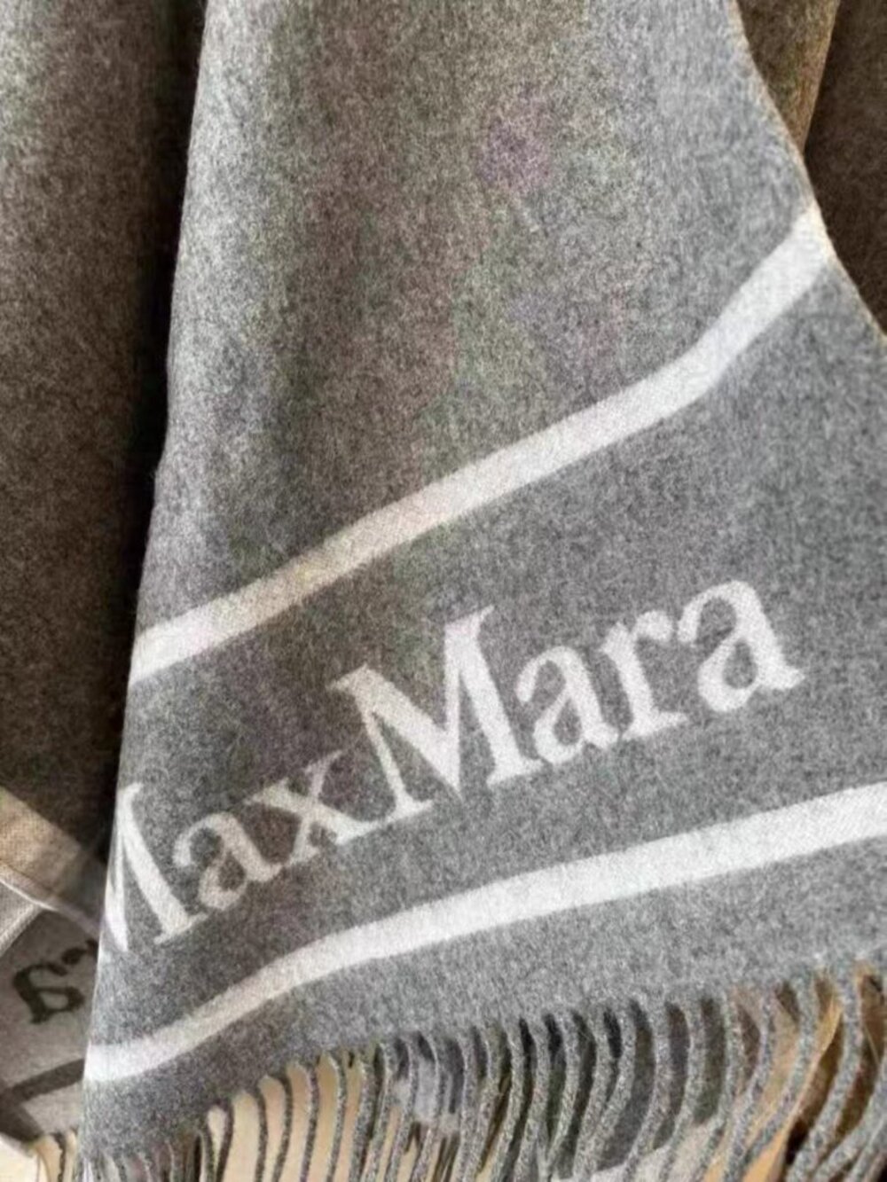 Max Mara Hilde Wool Jacquard Logo Poncho Cape Fringe Shawl Medium Gray ONE SIZE - Picture 7 of 9